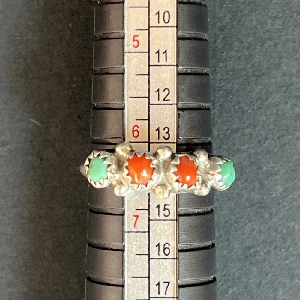 VTG Native American Sterling Silver Turquoise Coral Band Ring Sz 6.25 Handmade